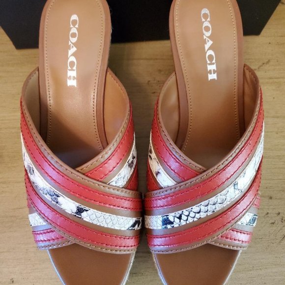 NEW Coach Florentine Wedge Leather Sandals 8.5 open-toe  Heel Snake Print Slide - Picture 2 of 6